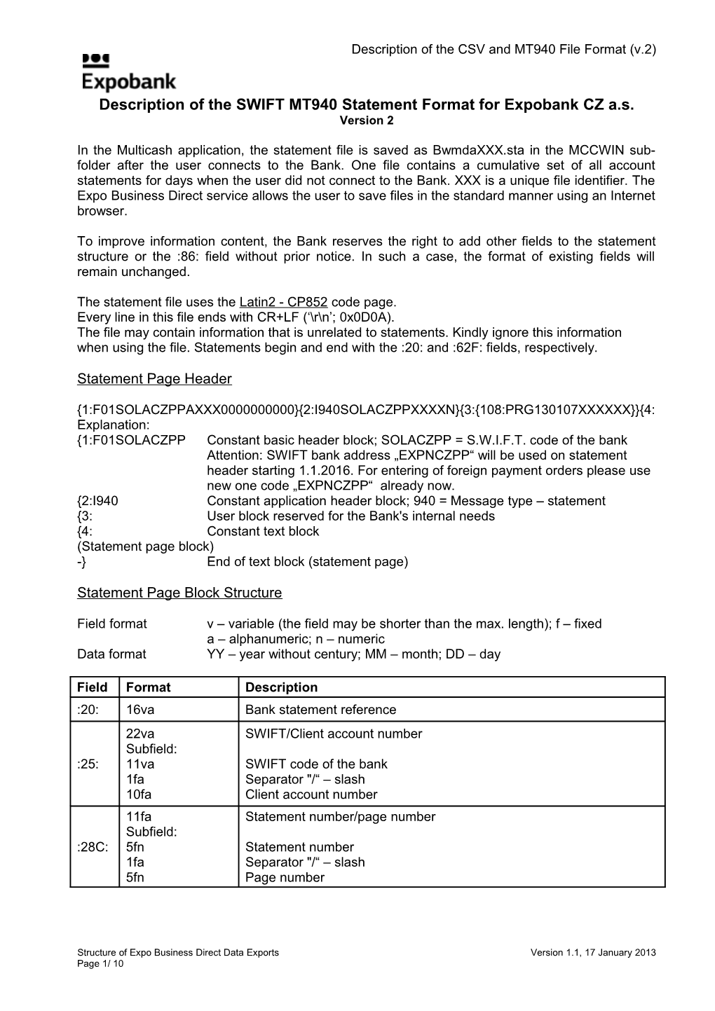 Description of the SWIFT MT940 Statement Format for Expobank CZ A.S