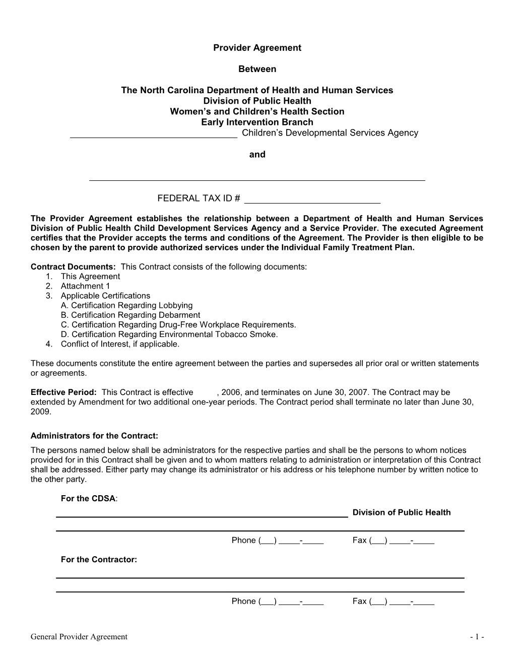 DRAFT for 2006-07 Provider Agreement