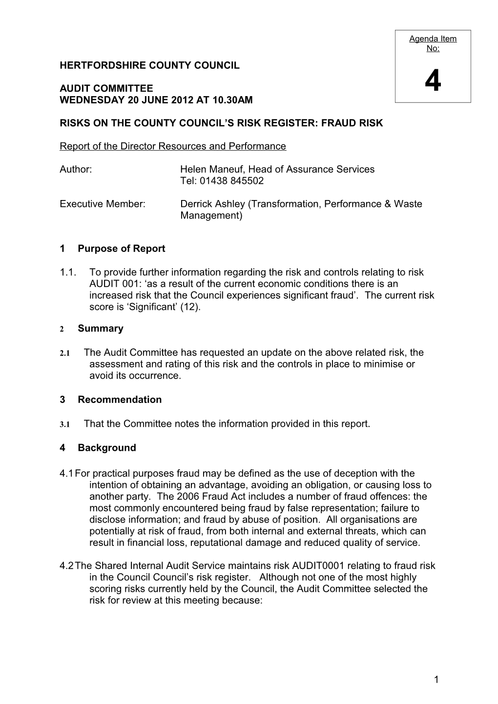 Audit Committee - Wednesday 20 June 2012 at 10.30Am Item 4 - Risks on the County Council's