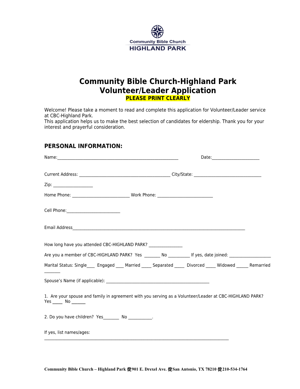 Community Bible Church-Highland Parkvolunteer/Leaderapplication