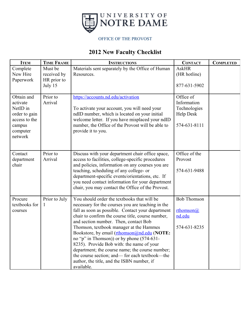 2012New Faculty Checklist