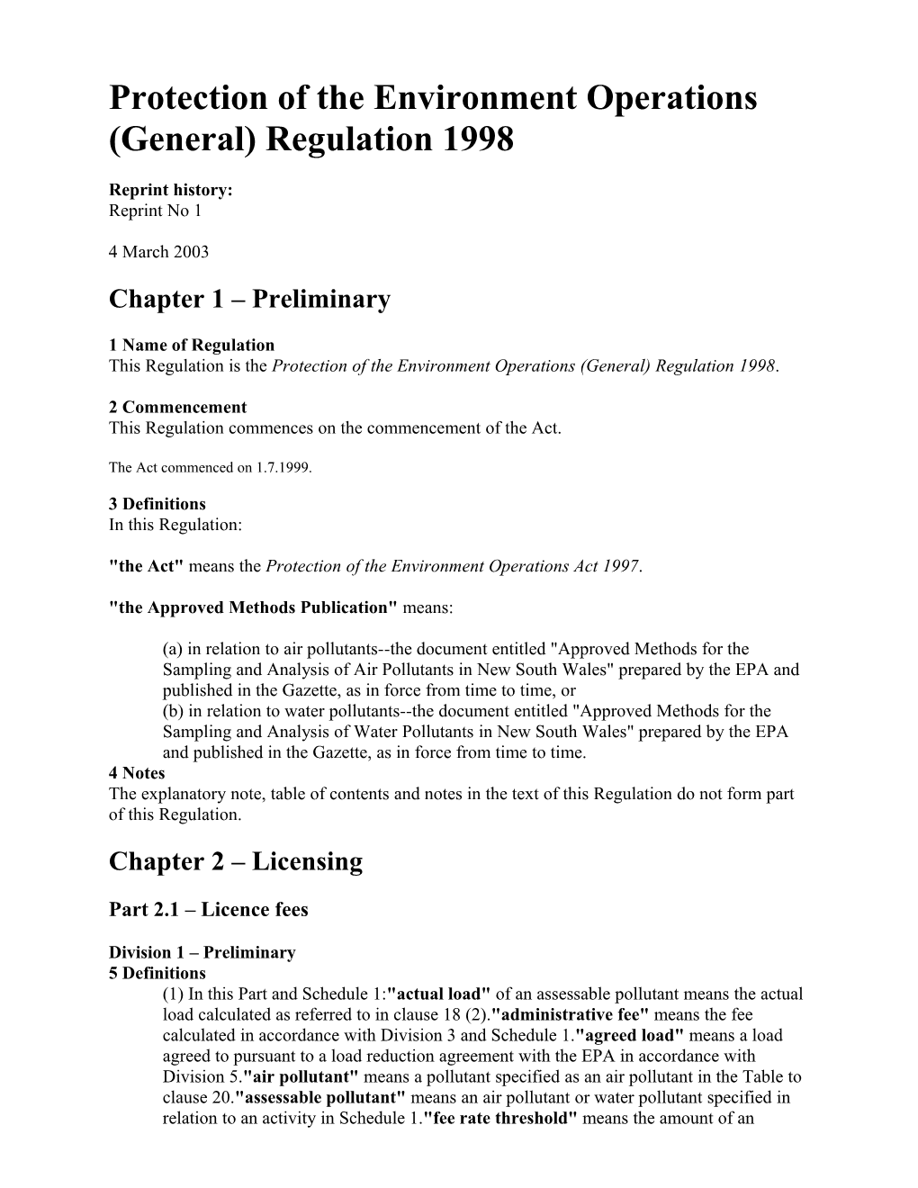 Protection of the Environment Operations (General) Regulation 1998