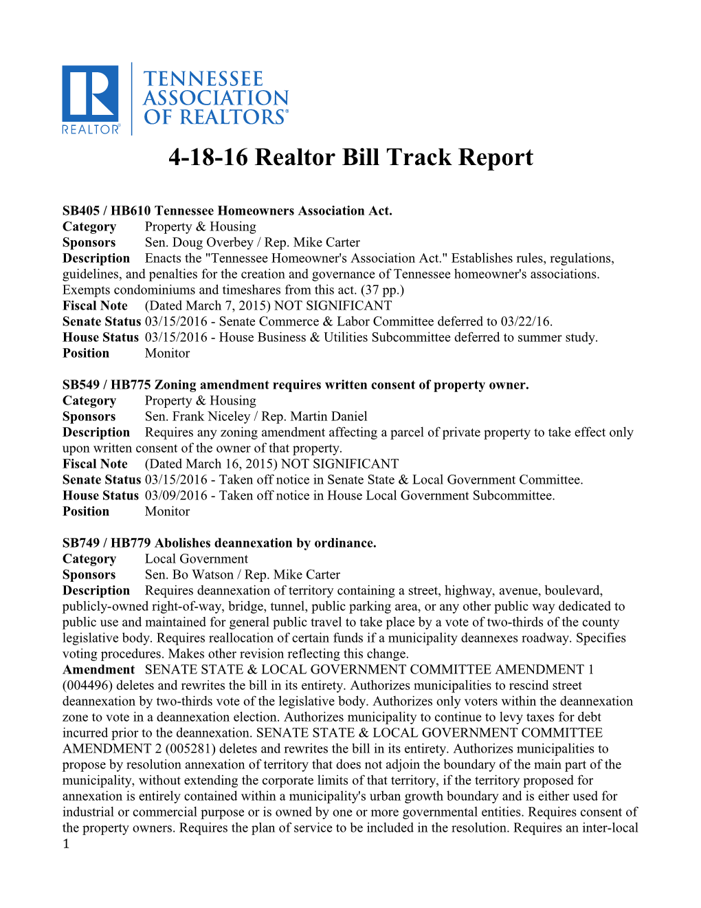 4-18-16 Realtor Bill Track Report