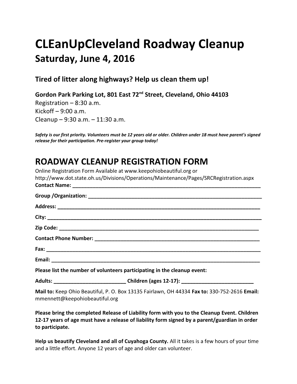 2016 Cleanupcleveland Roadway Registration