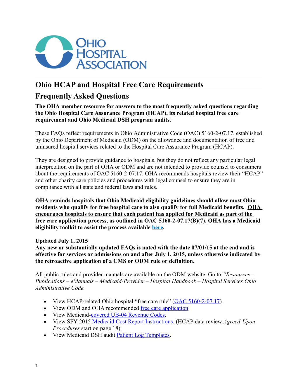 Ohio HCAP and Hospital Free Care Requirements