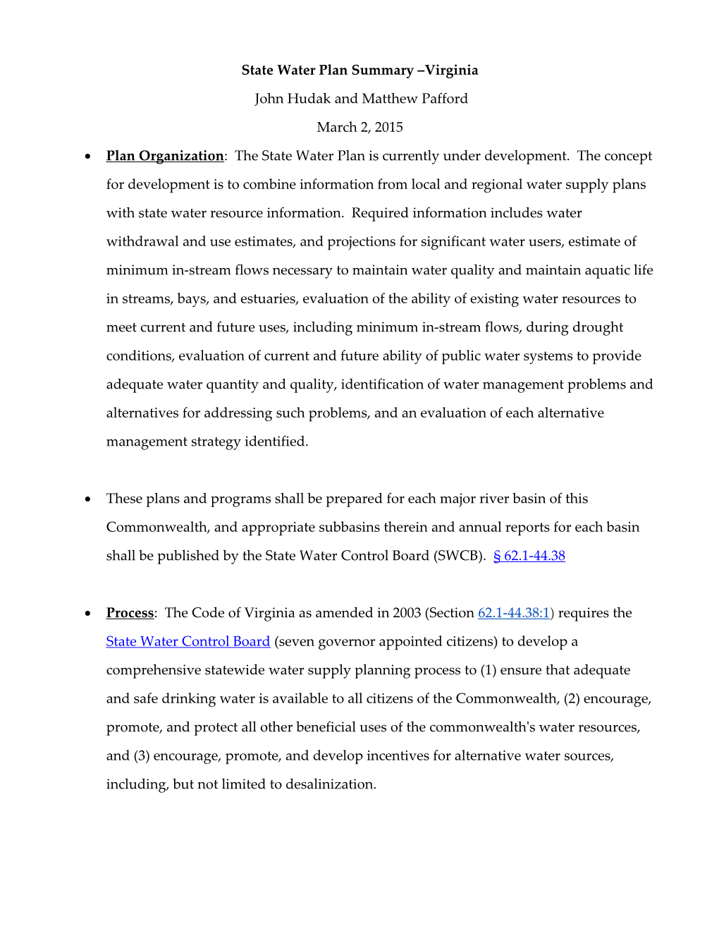 State Water Plan Summary Virginia