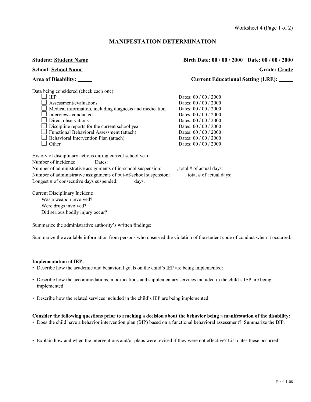 MANIFESTATION DETERMINATION WORKSHEET (Optional) 1 of 2