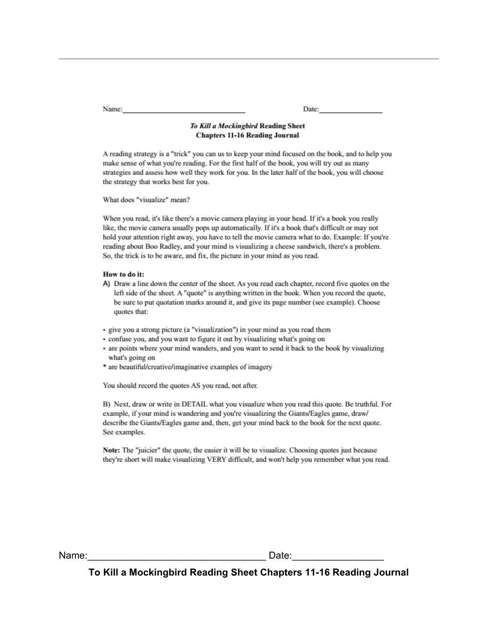 To Kill a Mockingbird Reading Sheet Chapters 11-16 Reading Journal