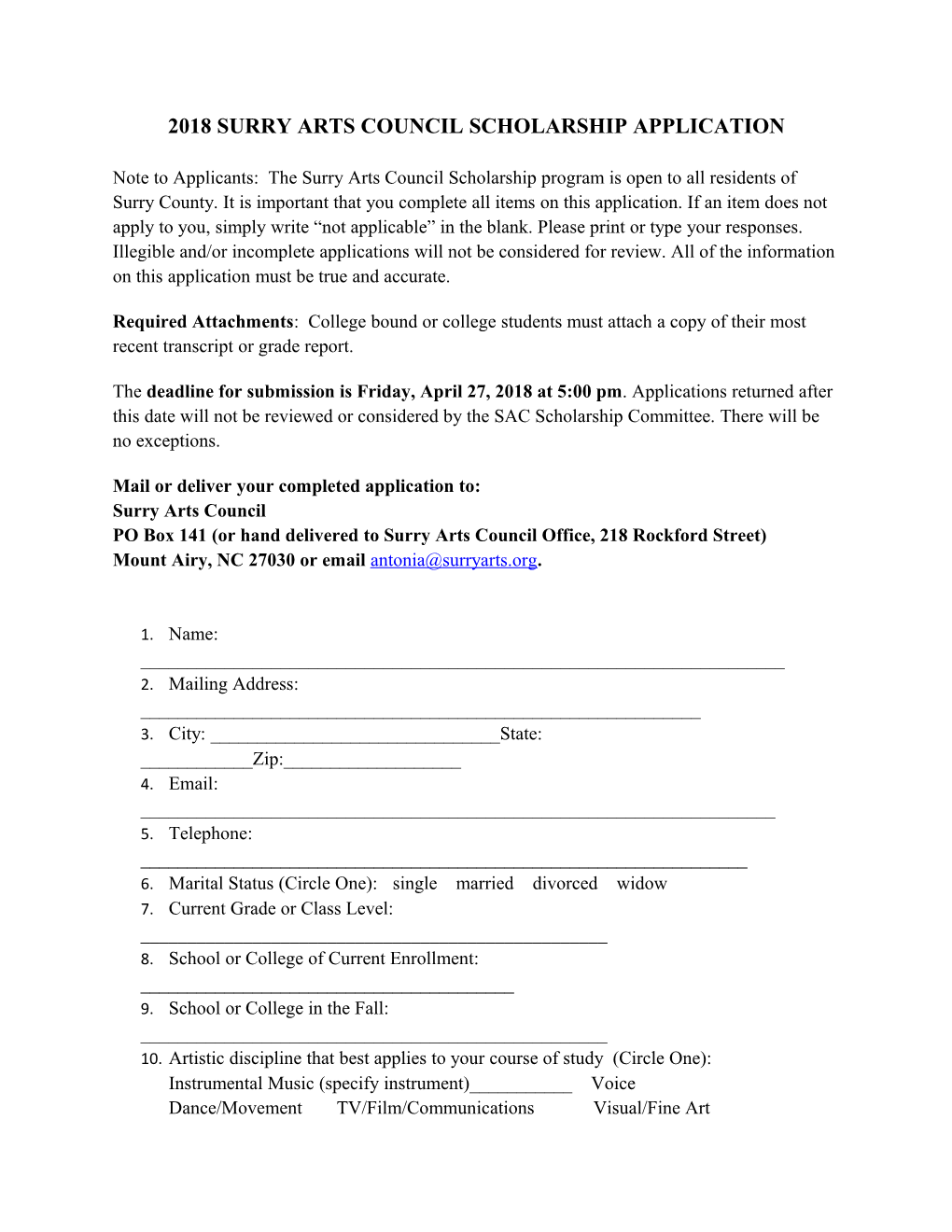 2018Surry Arts Council Scholarship Application