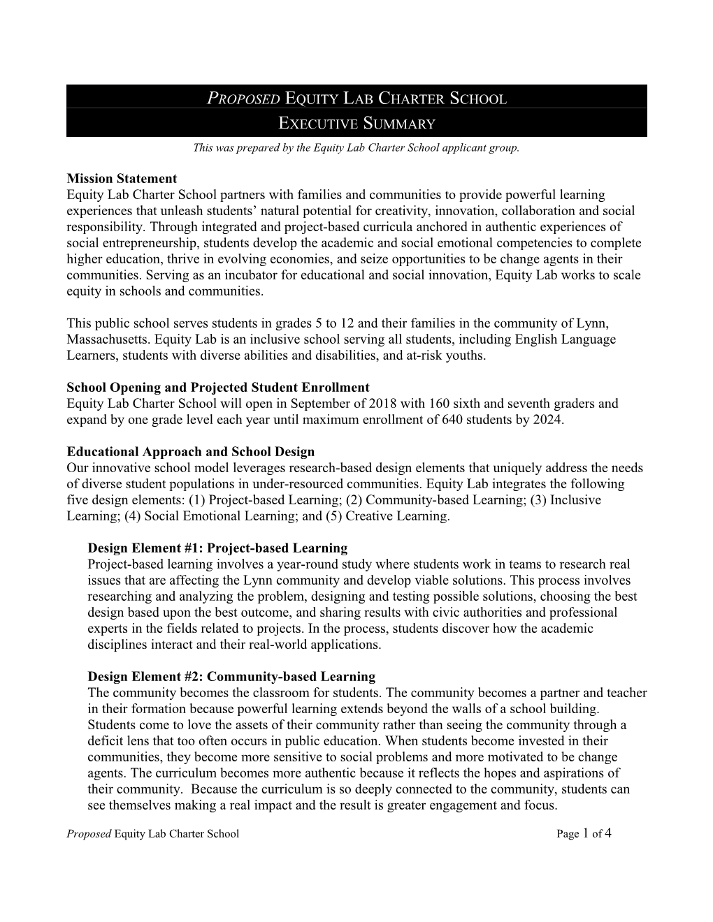 Executive Summary of Proposed Equity Lab Charter School