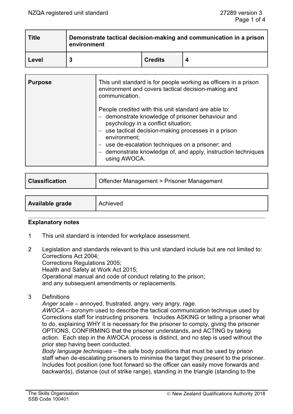 27289 Demonstrate Tactical Decision-Making and Communication in a Prison Environment