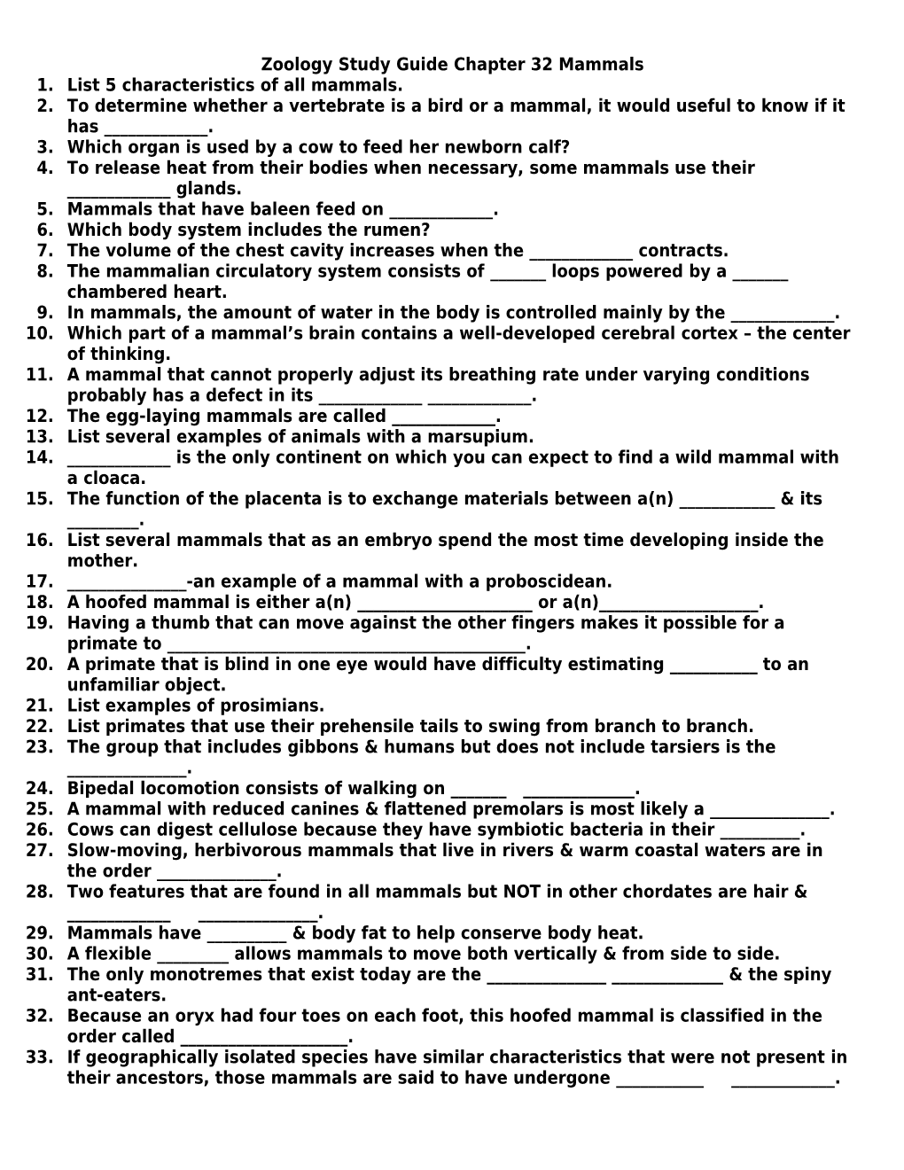 Zoology Study Guide Chapter 32 Mammals