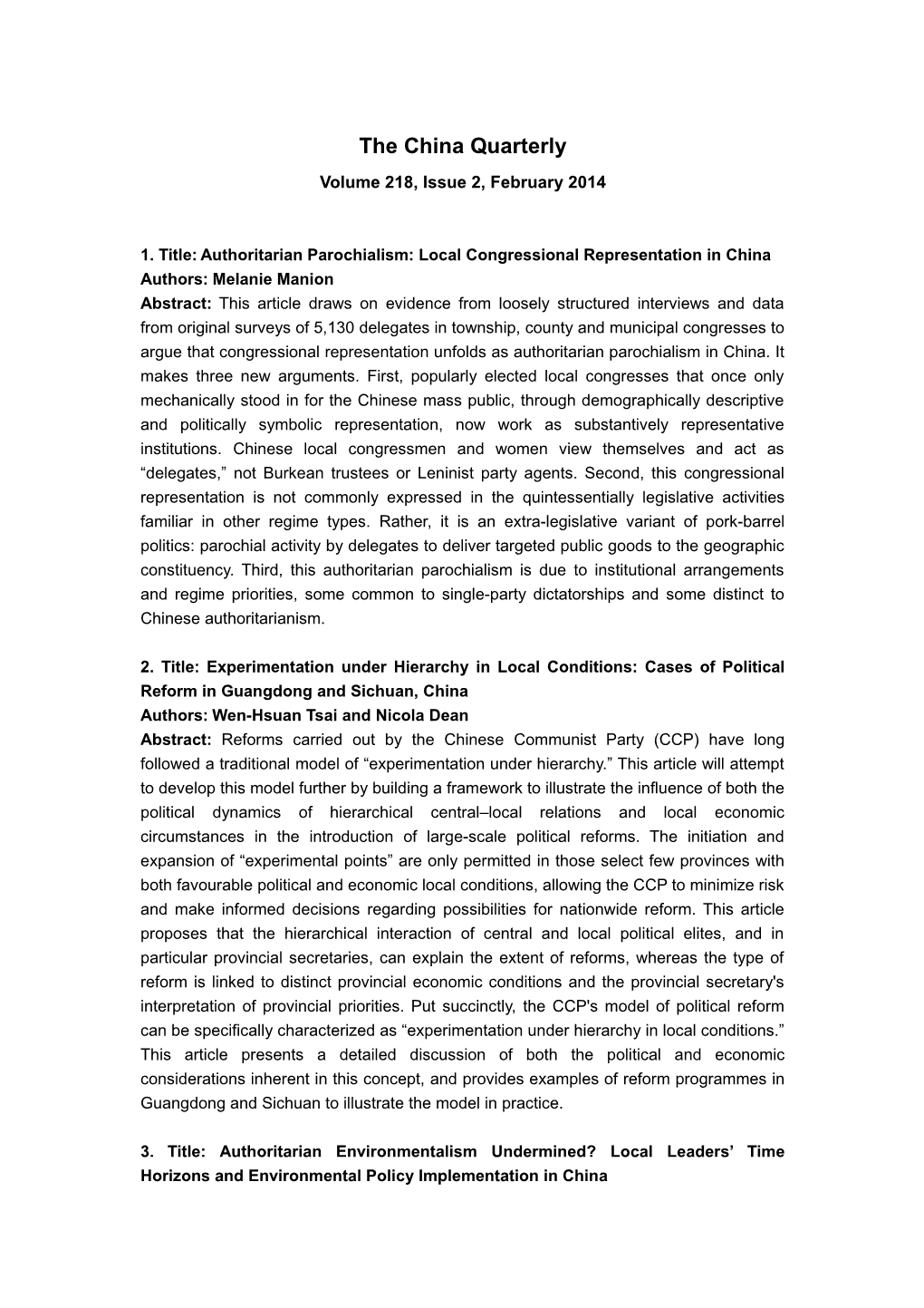 1. Title:Authoritarian Parochialism: Local Congressional Representation in China