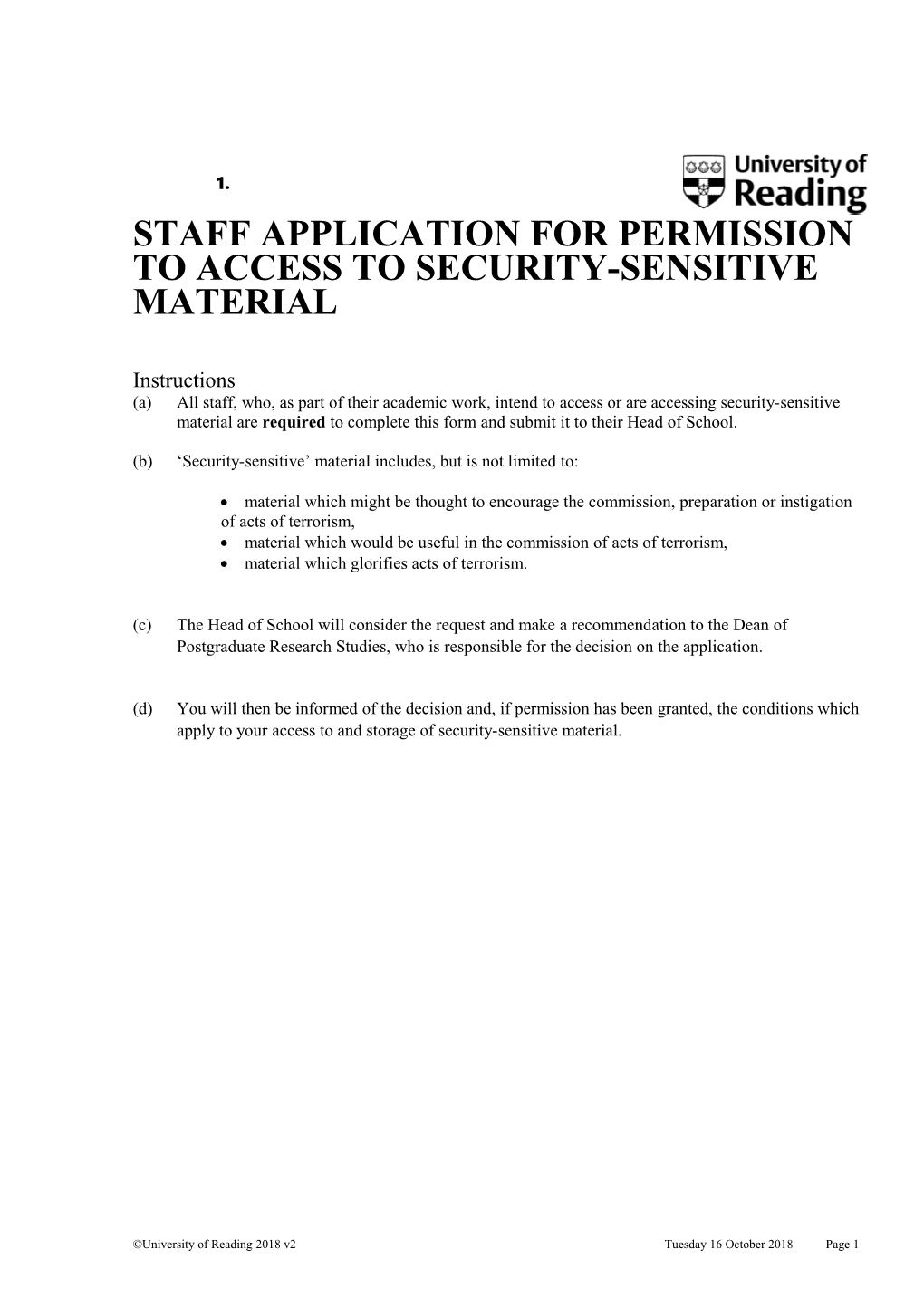 Staff Application for Permission to Access to Security-Sensitive Material