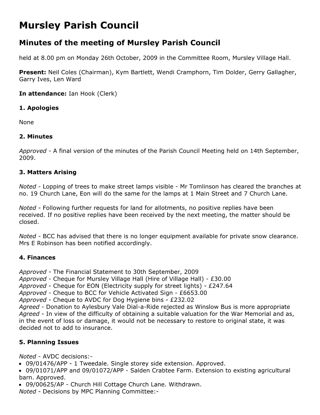 Minutes of the Meeting of Mursley Parish Council