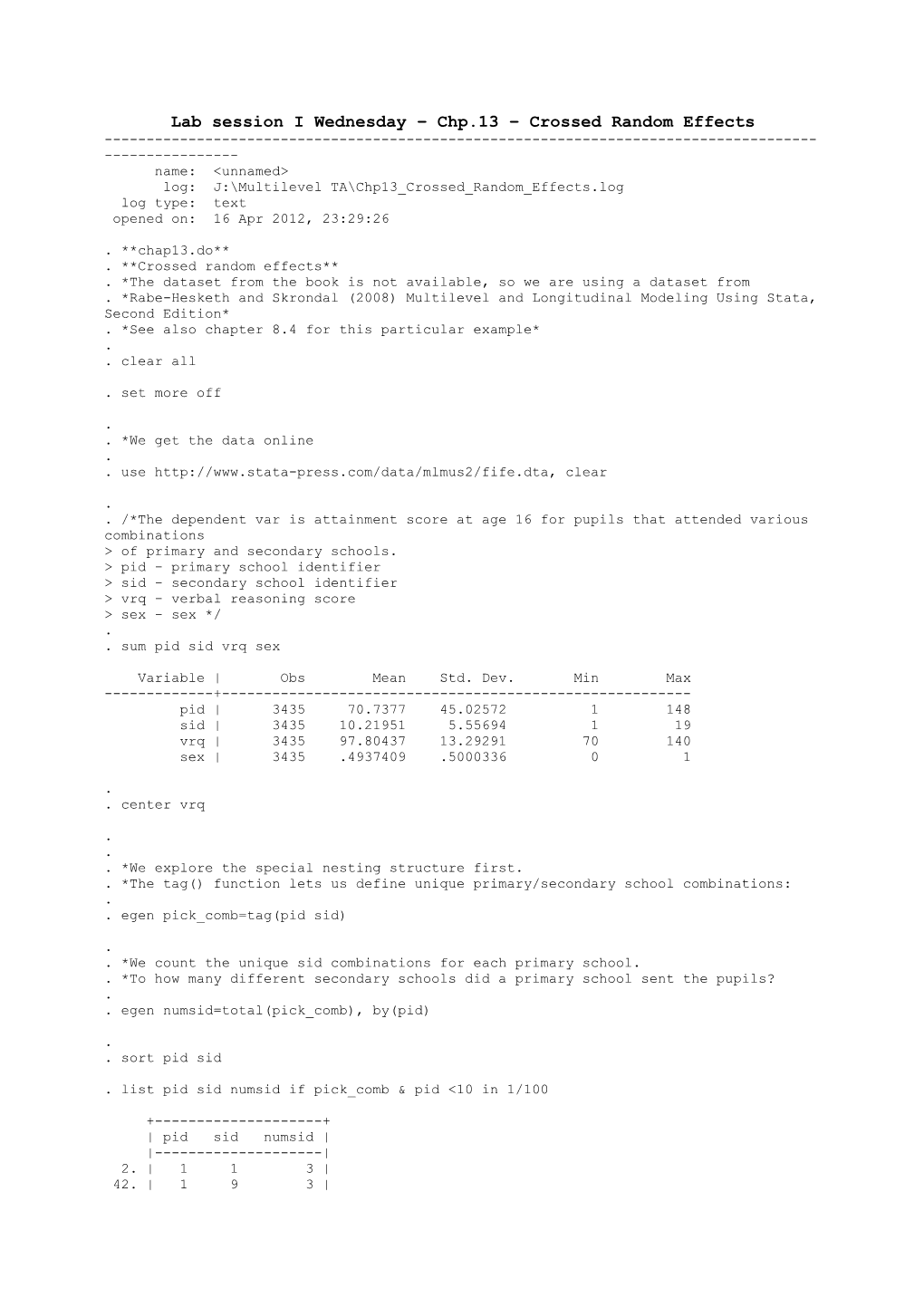 Lab Session I Wednesday Chp.13 Crossed Random Effects