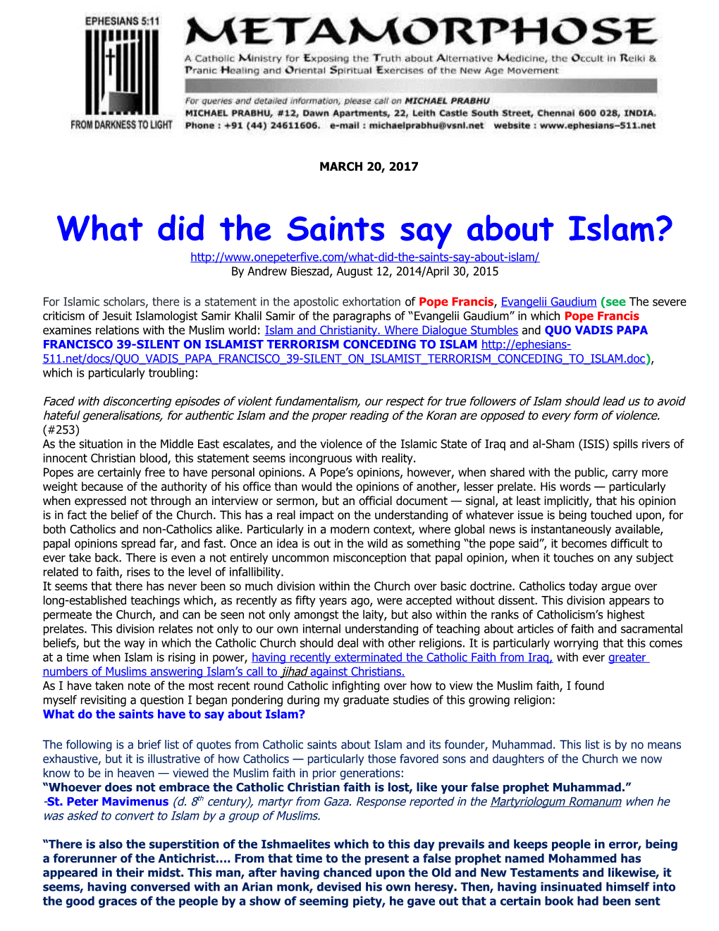 What Did the Saints Say About Islam?