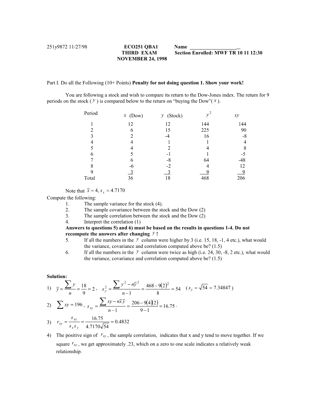 THIRD EXAM Section Enrolled: MWF TR 10 11 12:30