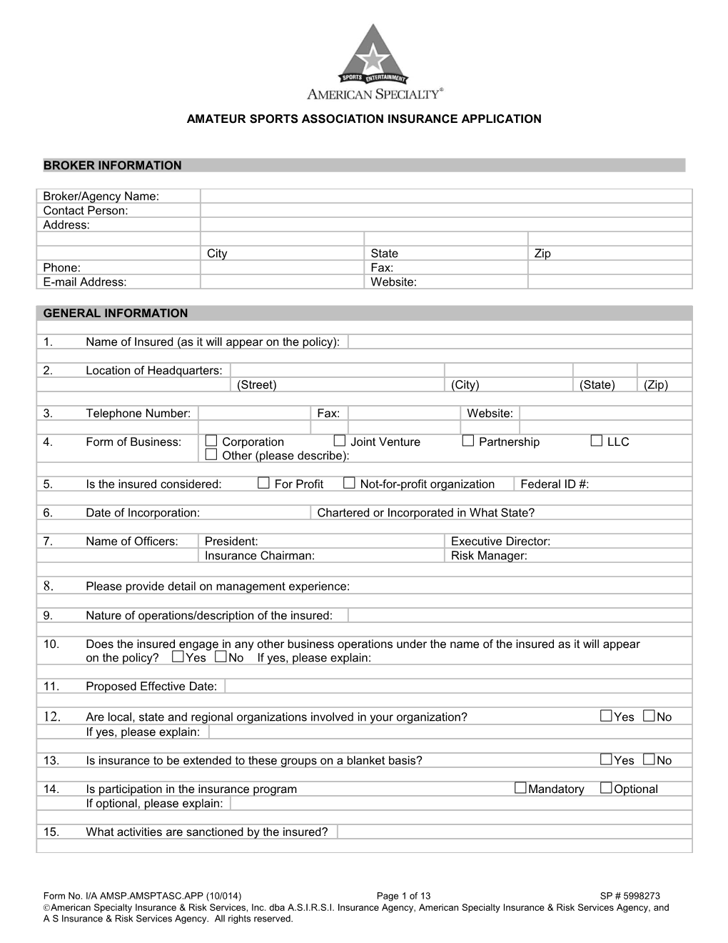 Amateur Sports Associationinsurance Application