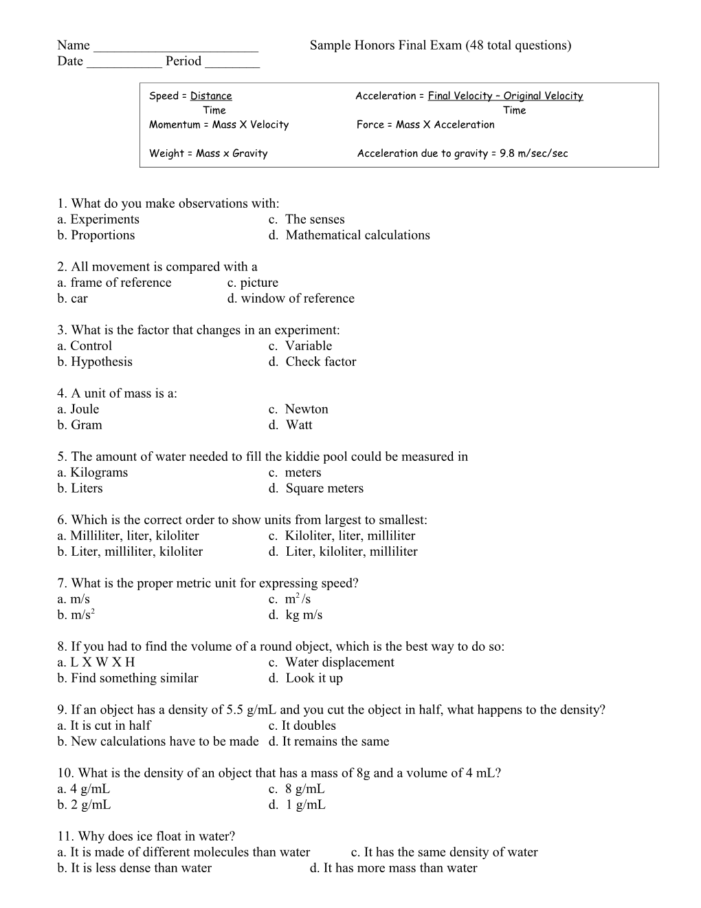 Name ______Sample Honors Final Exam (48 Total Questions)
