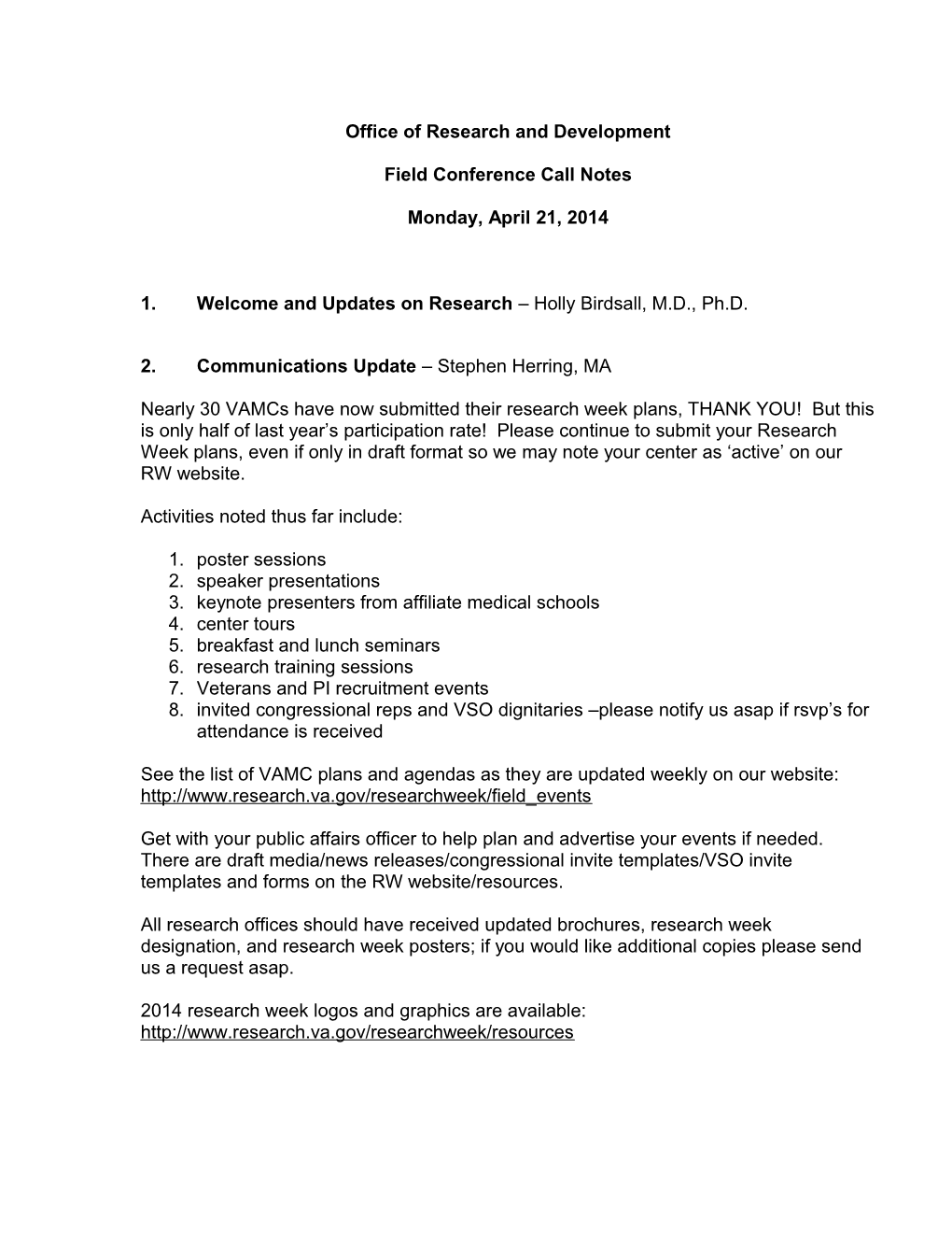 ORD Conference Call Notes April 21, 2014