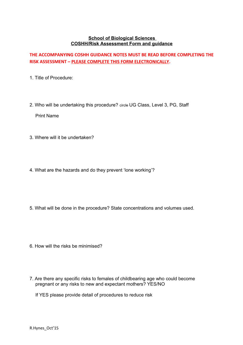COSHH/Risk Assessment Form and Guidance
