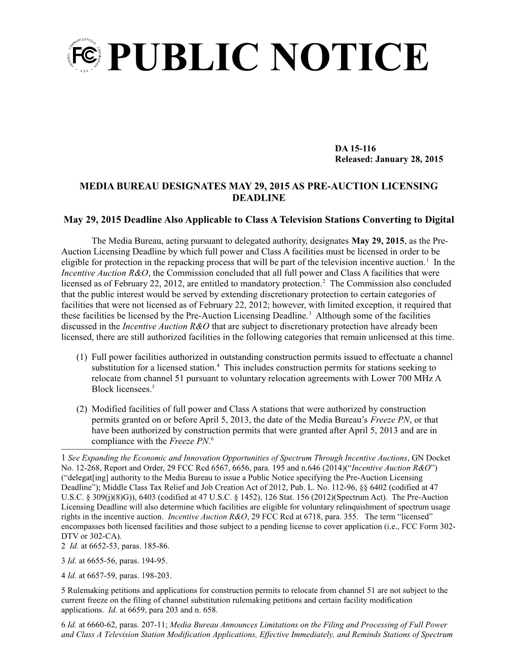 Media Bureau Designates May 29, 2015 As Pre-Auction Licensing Deadline
