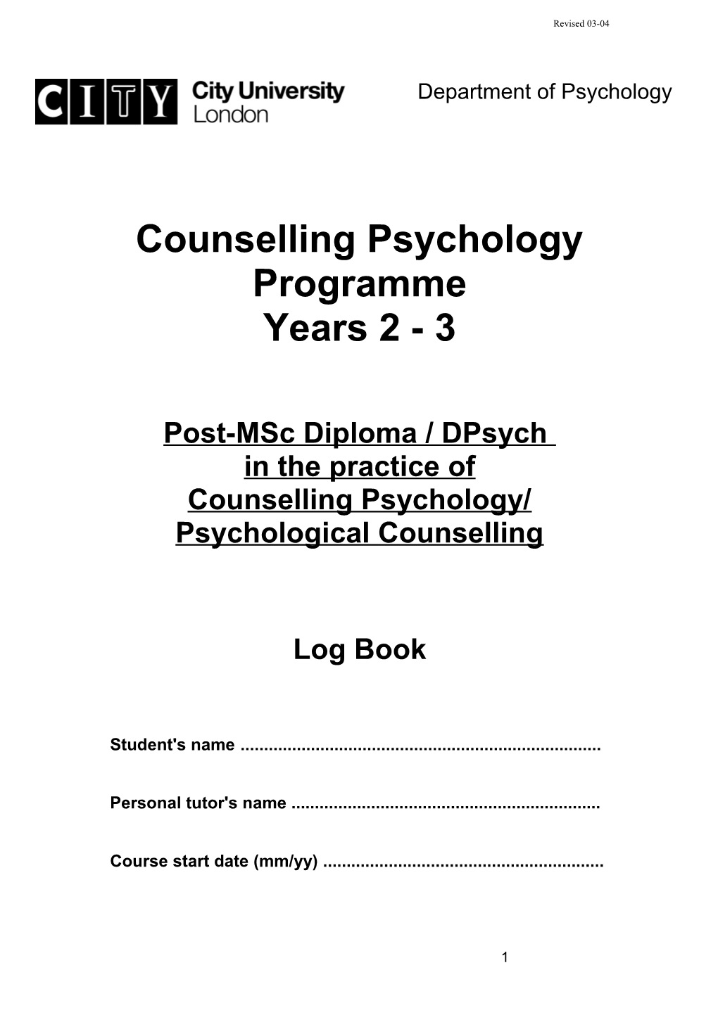 City University - About the Log Book - Counselling Psychology Year 2-3