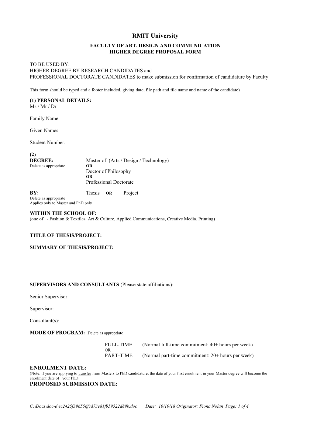 Higher Degrees by Research Application