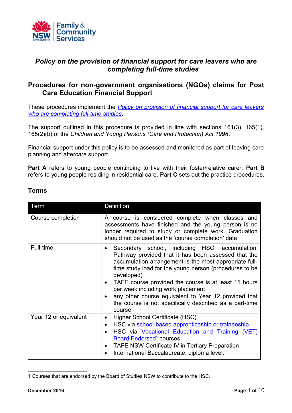 Policy on the Provision of Financial Support for Care Leavers Who Are Completing Full-Time