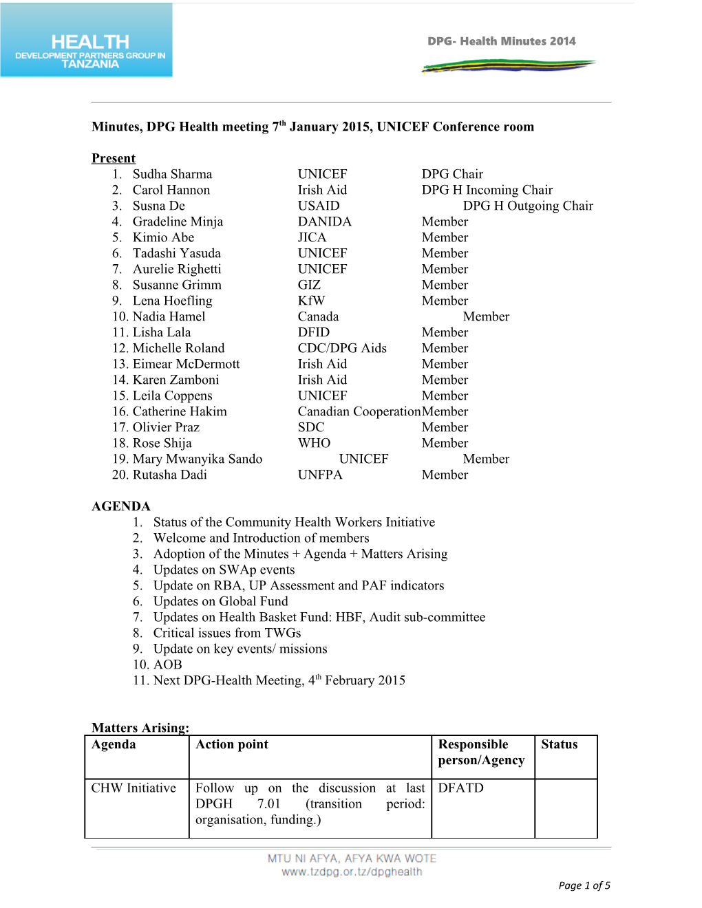 Minutes, DPG Health Meeting 7Th January 2015, UNICEF Conference Room