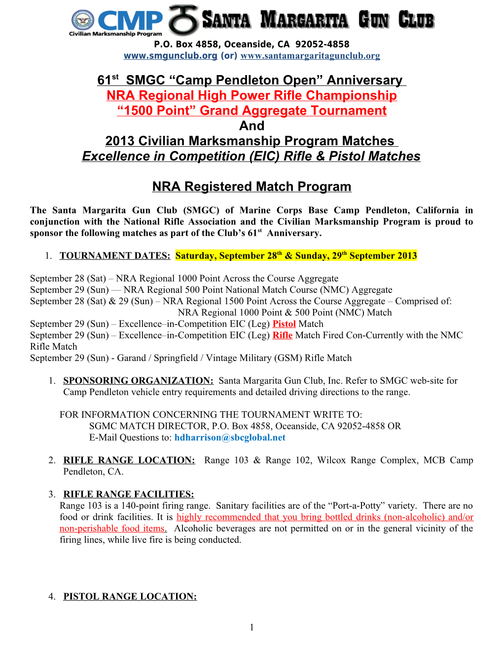 Monthly Registered 1250 Point Aggregate High Power Rifle Tournament Program