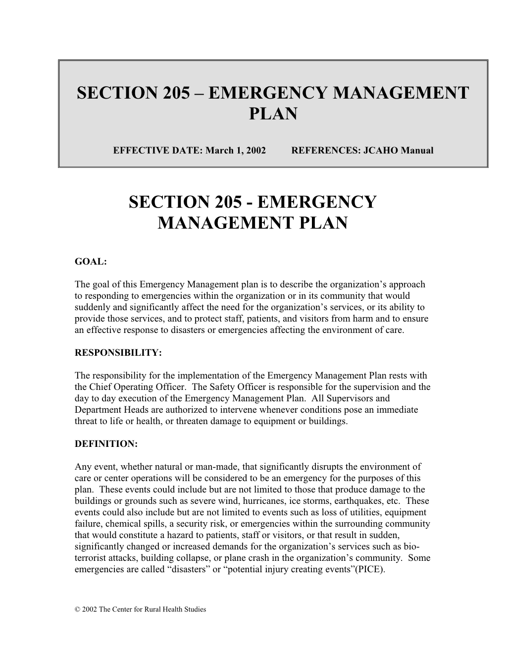 Section 205 Emergency Management Plan