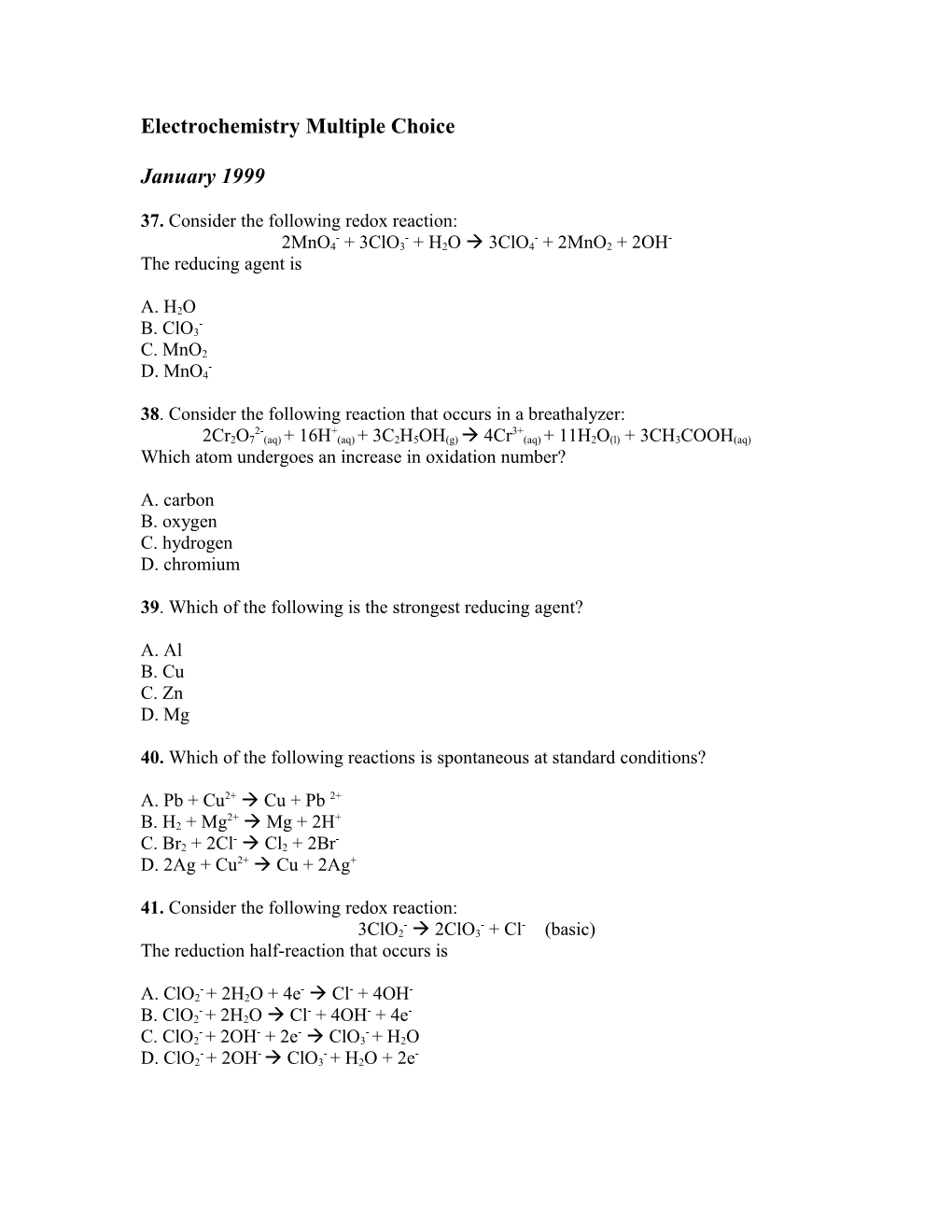 Electrochemistry Multiple Choice