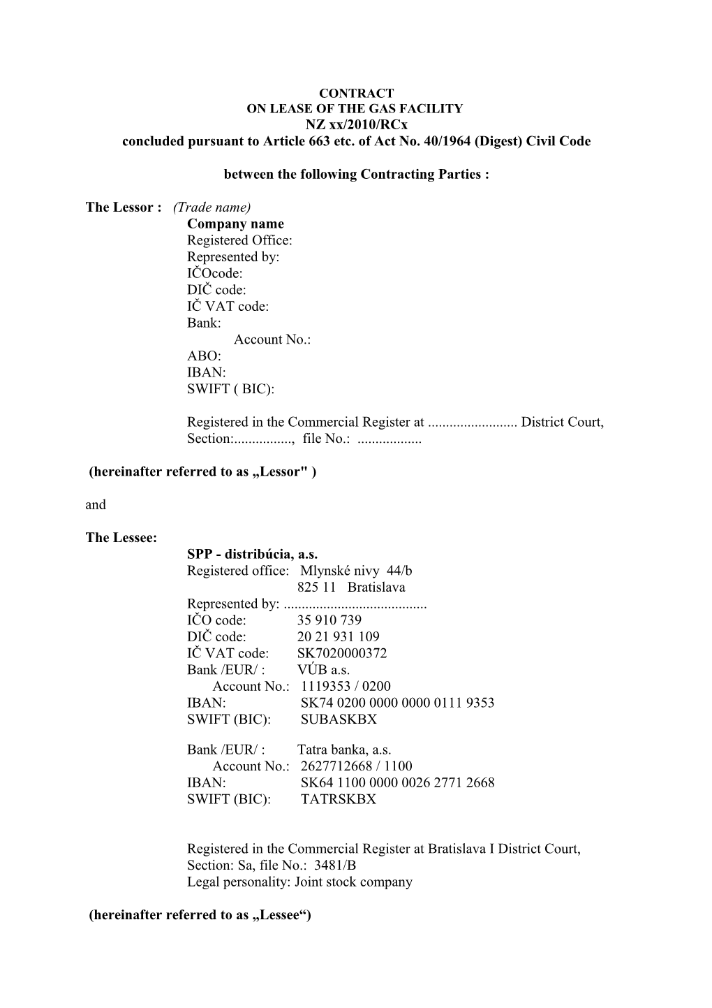 On Lease of the Gas Facility