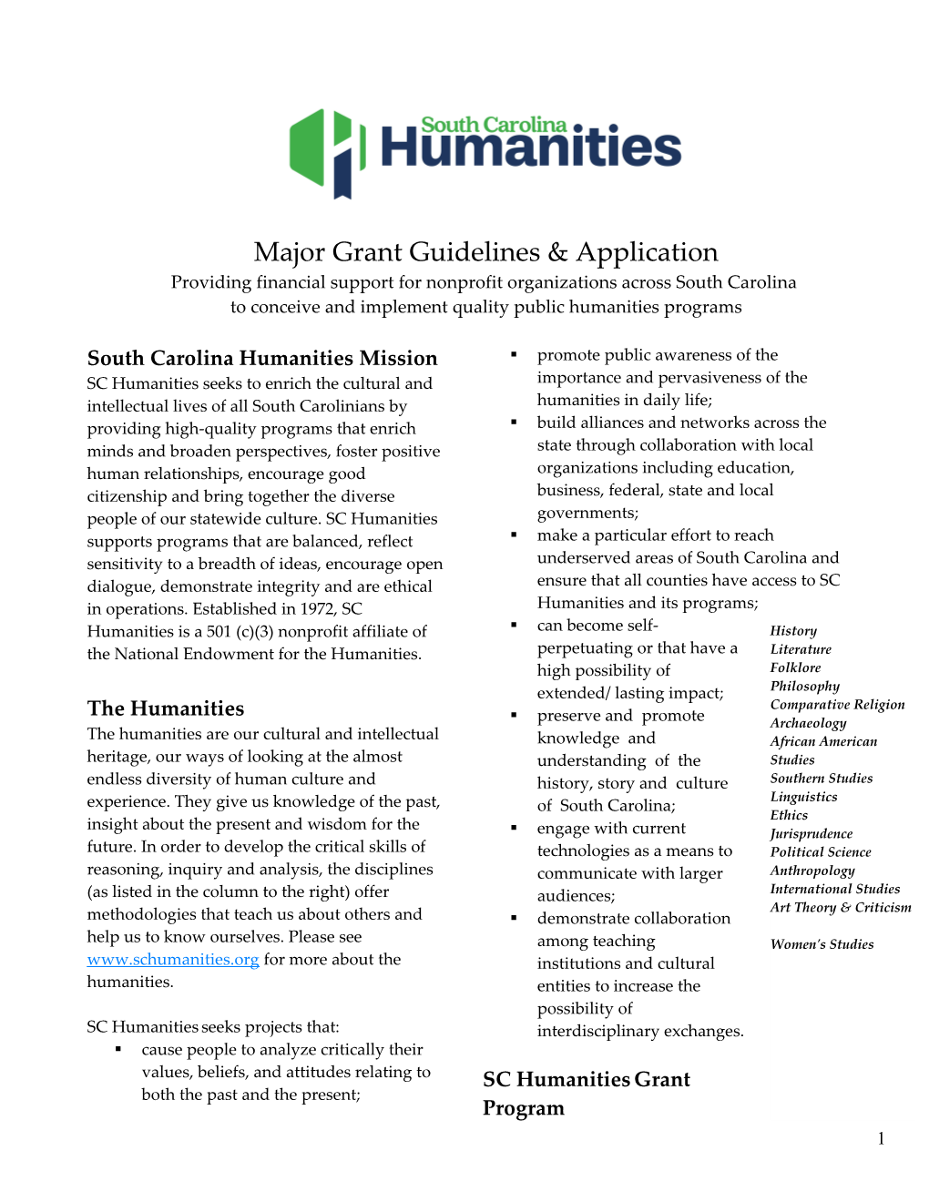 Major Grant Guidelines & Application