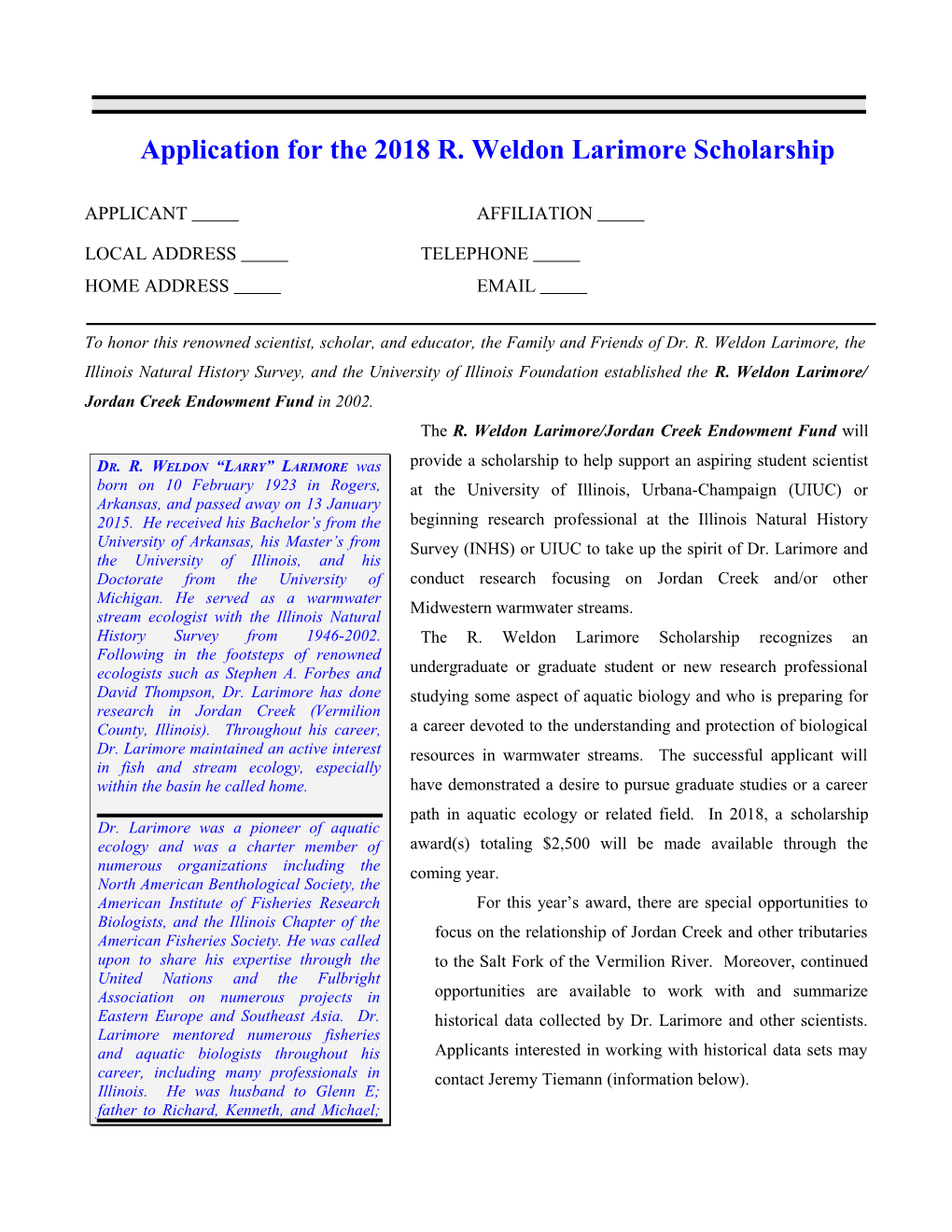 Application for the 2018 R. Weldon Larimore Scholarship
