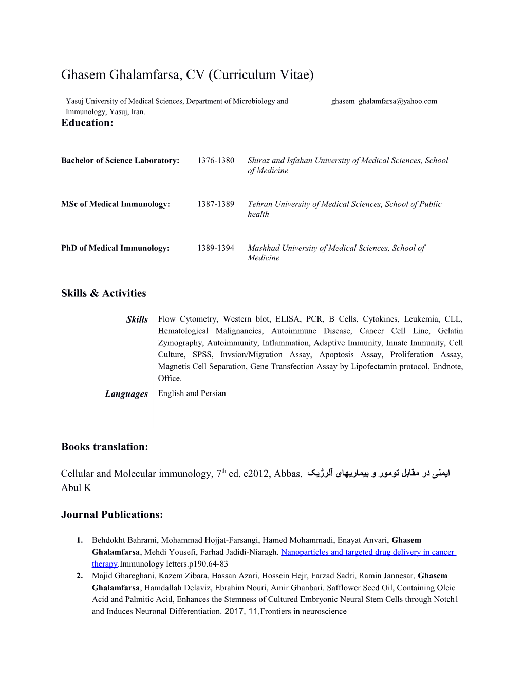 Ghasem Ghalamfarsa, CV (Curriculum Vitae)