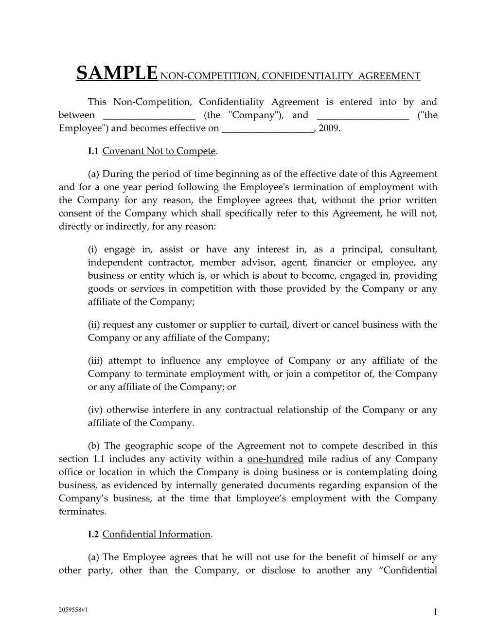 Samplenon-Competition, Confidentiality Agreement
