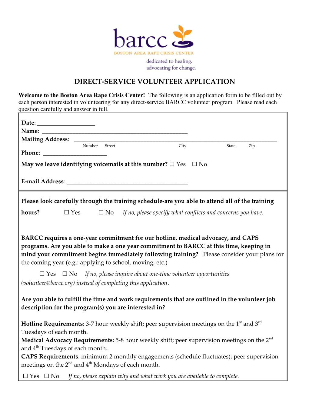 Direct-Service Volunteer Application