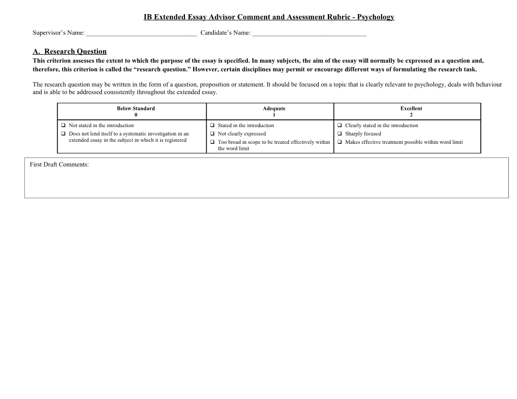 IB Extended Essay Advisor Comment and Assessment Rubric - Psychology
