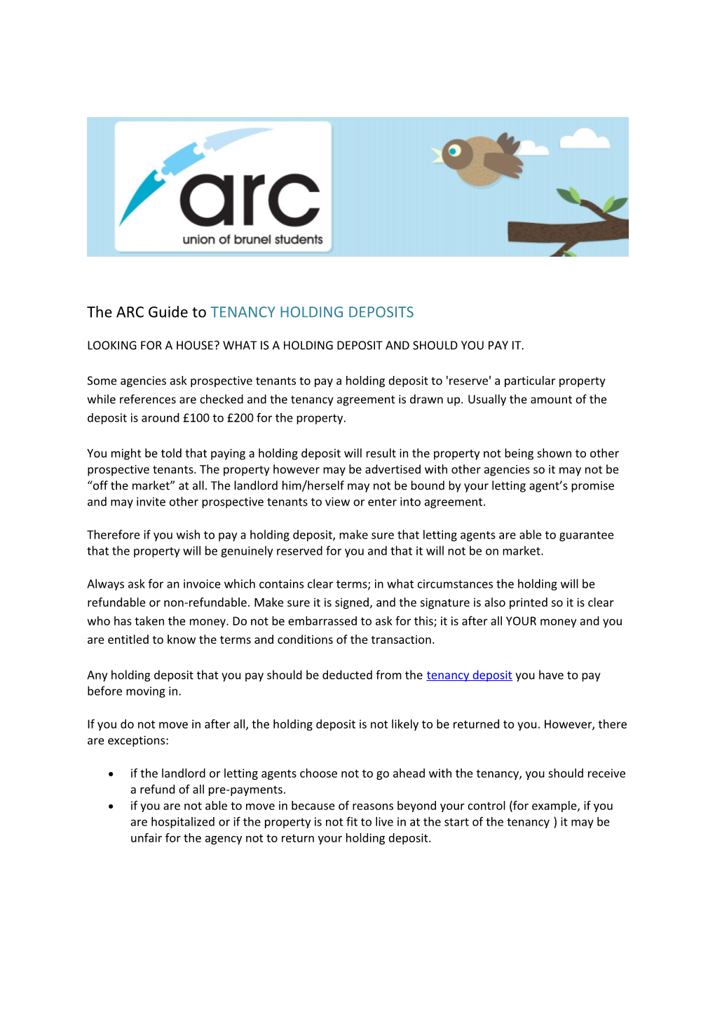 The ARC Guide to TENANCY HOLDING DEPOSITS