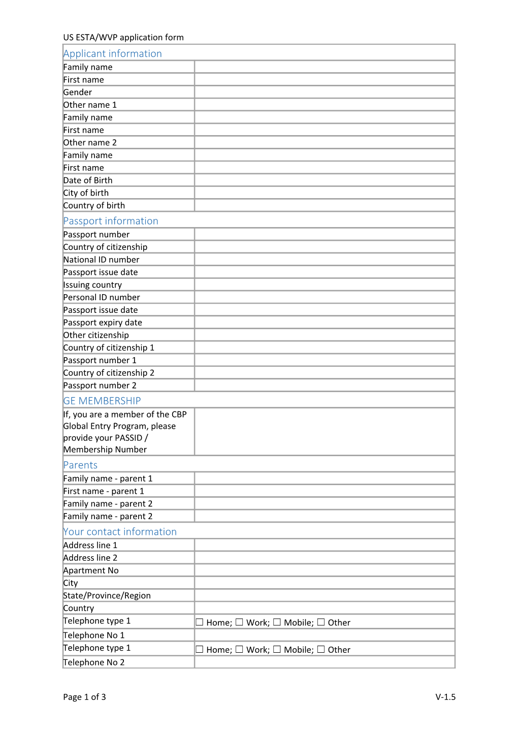 US ESTA/WVP Application Form