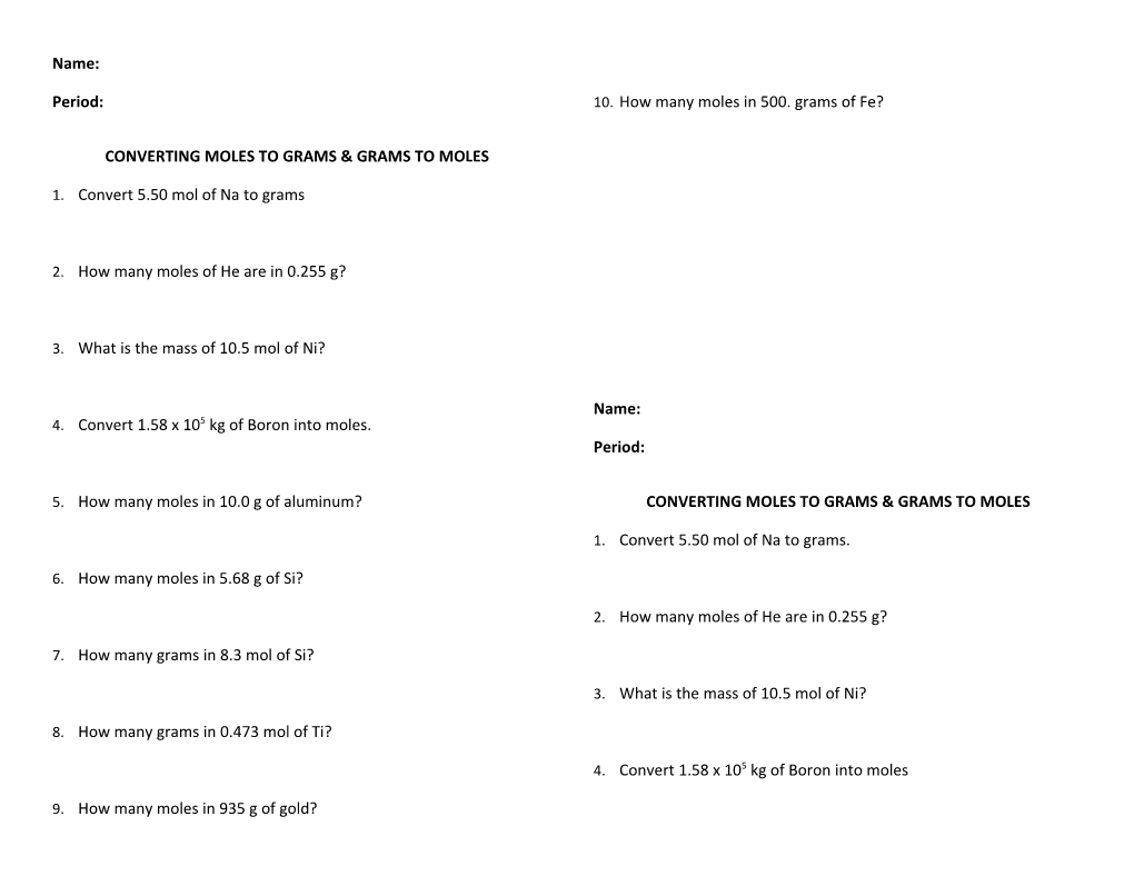 Converting Moles to Grams & Grams to Moles