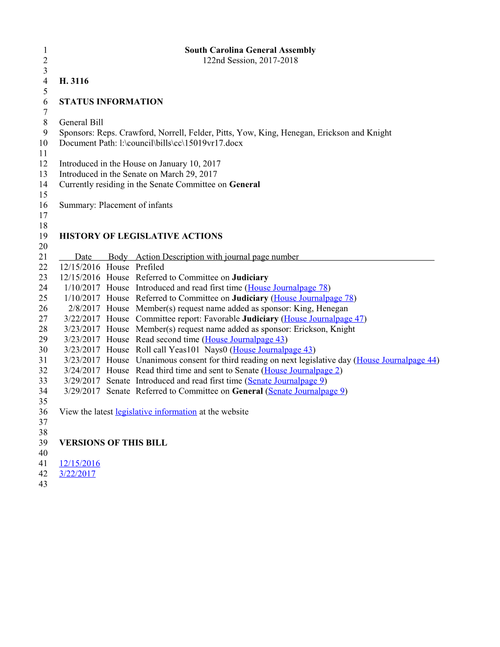 2017-2018 Bill 3116: Placement of Infants - South Carolina Legislature Online