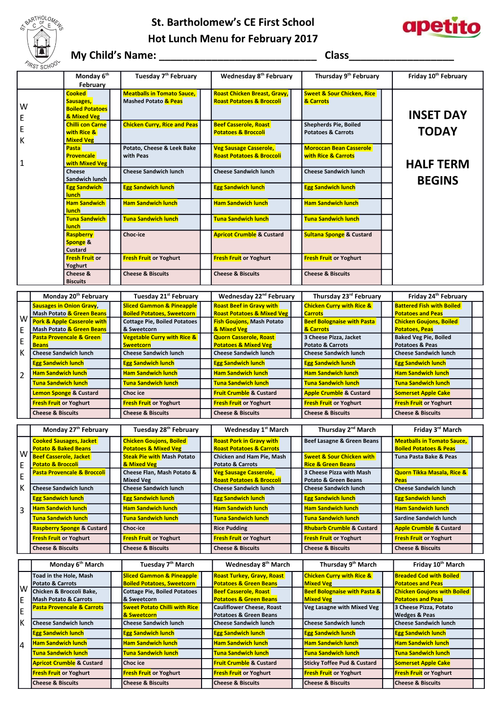 Hot Lunch Menu for February 2017