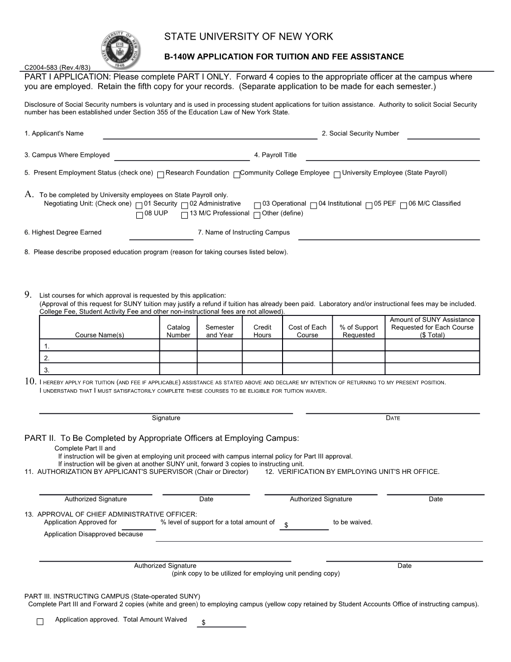 SUNY B-140W Tuition Waiver Form (MS Word)