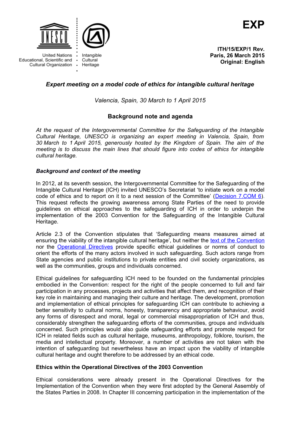 Expert Meeting on a Model Code of Ethics for Intangible Cultural Heritage