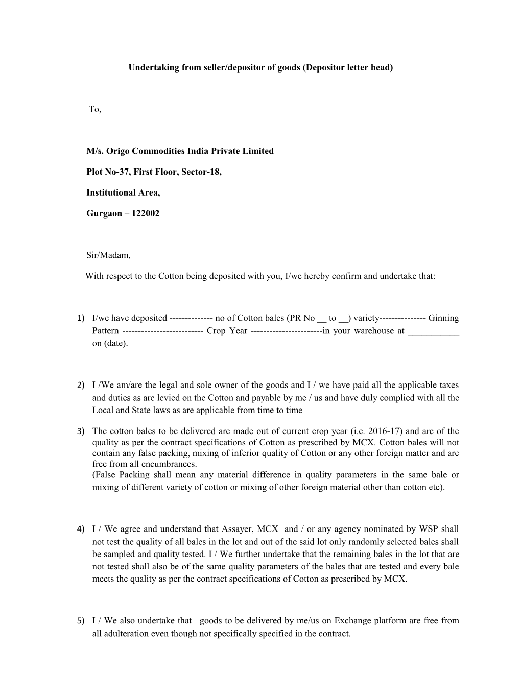 Undertaking from Seller/Depositor of Goods (Depositor Letter Head)