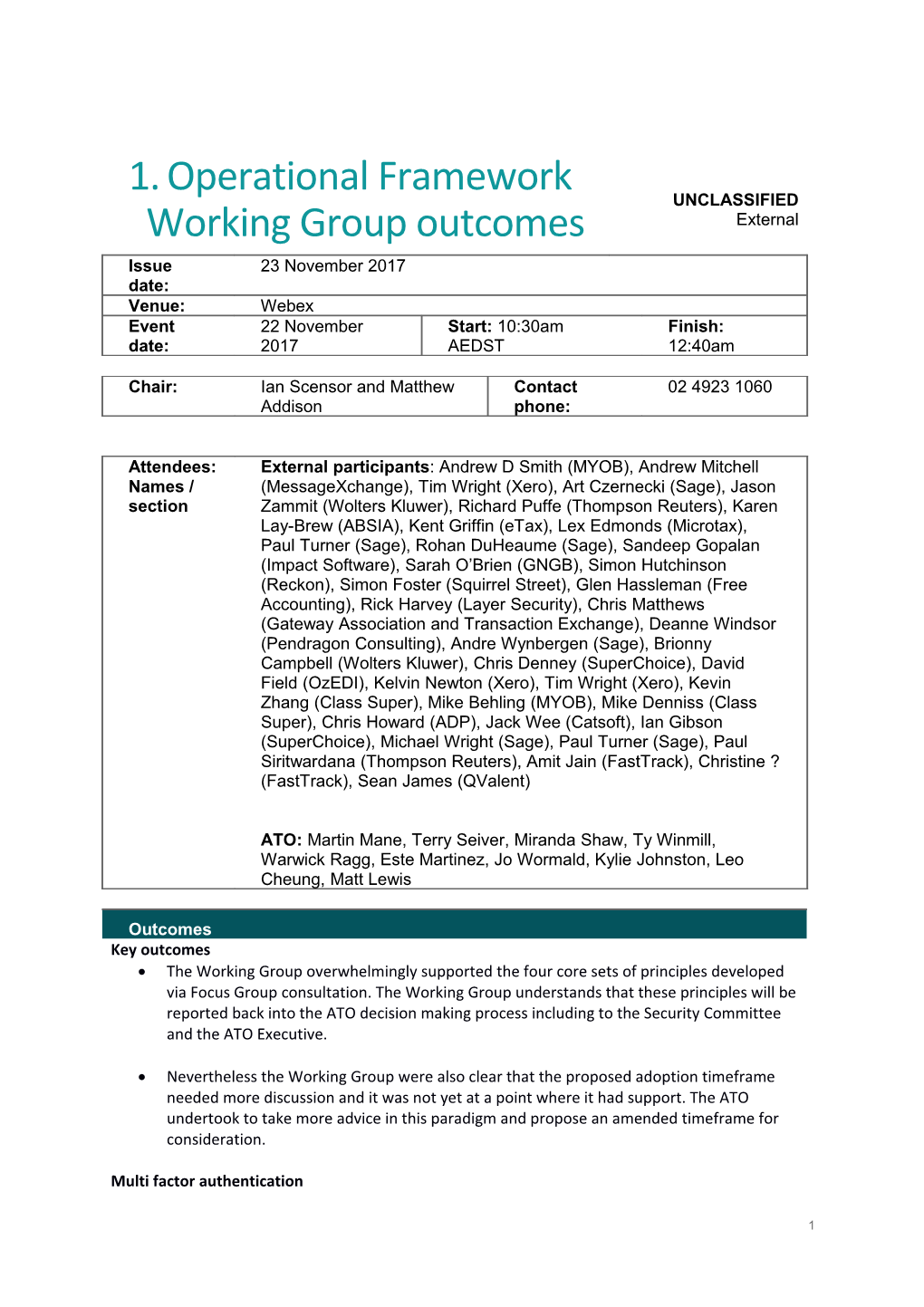 Operational Framework Working Group Outcomes